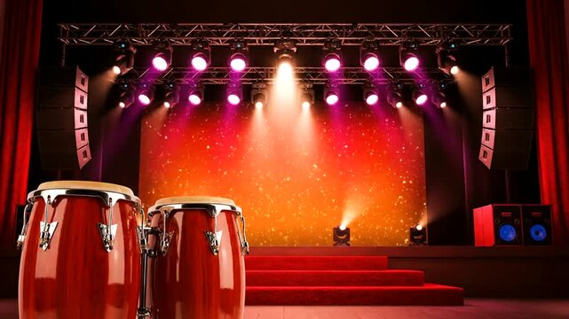 Stage with red lights and drums.
