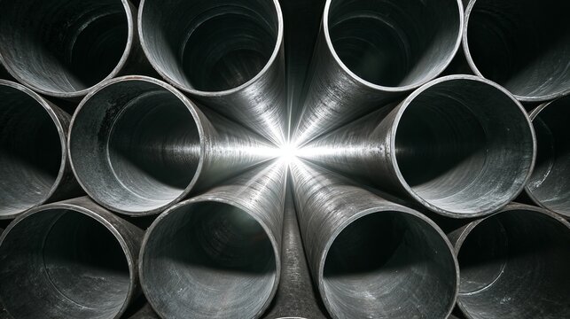 Stacked steel pipes with circular openings and glowing center light industrial pattern