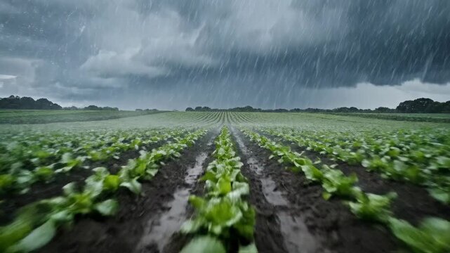 Heavy rain transforms green agriculture field. Dark storm clouds gather, providing intense weather downpour. Crop rows thrive, nourished by natures