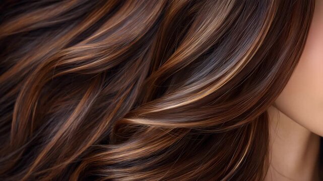 High-resolution close-up of a woman&rsquo;s brown hair, layered strands and subtle highlights in focus, smooth bokeh background, professional cosmetic photography style