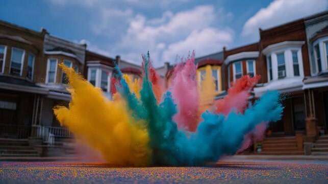 Crowd gathers in modest neighborhood street for impromptu Holi color throwing, powder clouds explode in air, row houses backdrop, overcast sky makes colors pop, ideal for spontaneous celebration,
