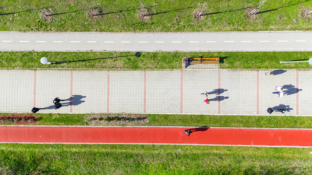Aerial view of people walking and cycling along the paths and trails in a park, Novi Sad, Vojvodina, Serbia.