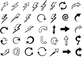 A collection of various arrow symbols and icons in a black and white design. Vector, illustration