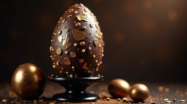 Dark chocolate Easter egg with gold leaf and pearl beads on black pedestal with dramatic light, jewel-like luxury and exquisite edible art