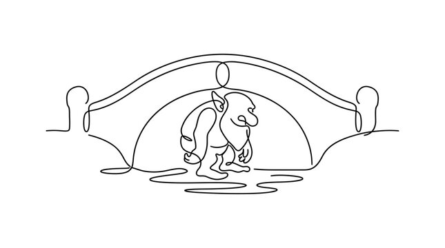 Fairy Tale Troll Under Bridge Continuous Single Line Minimalist Fantasy Line Art Illustration