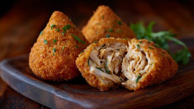 Macro perspective of a freshly fried coxinha, crisp breadcrumb coating sharply in focus, juicy shredded chicken filling inside, blurred background, commercial food stock aesthetic