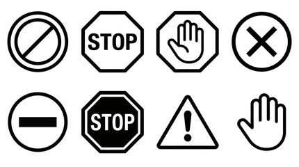 Prohibition and warning icons set, stop signs, caution triangle, hand symbols, no entry, safety signage, universal restriction, hazard alerts.