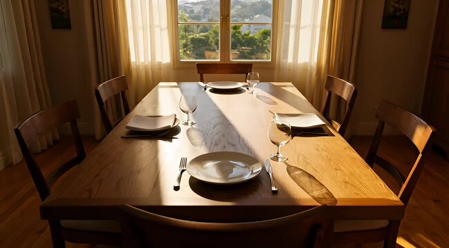 Warm inviting dining room with wooden table set for an intimate meal