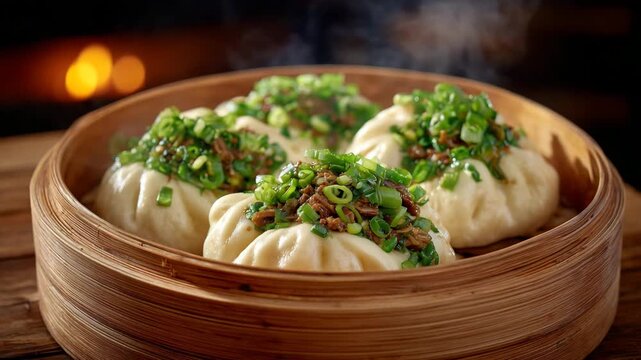 Plump white bao buns stacked inside a bamboo steamer, savory pork filling visible with vibrant green onions, steam swirling gently, cozy restaurant atmosphere, high-detail food pho