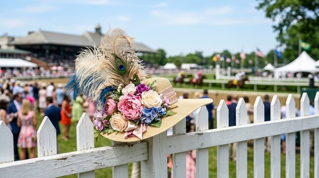 Elegant straw derby hat decorated with flowers and feathers resting on a white picket fence. Blurred background of a horse race and crowd at a track