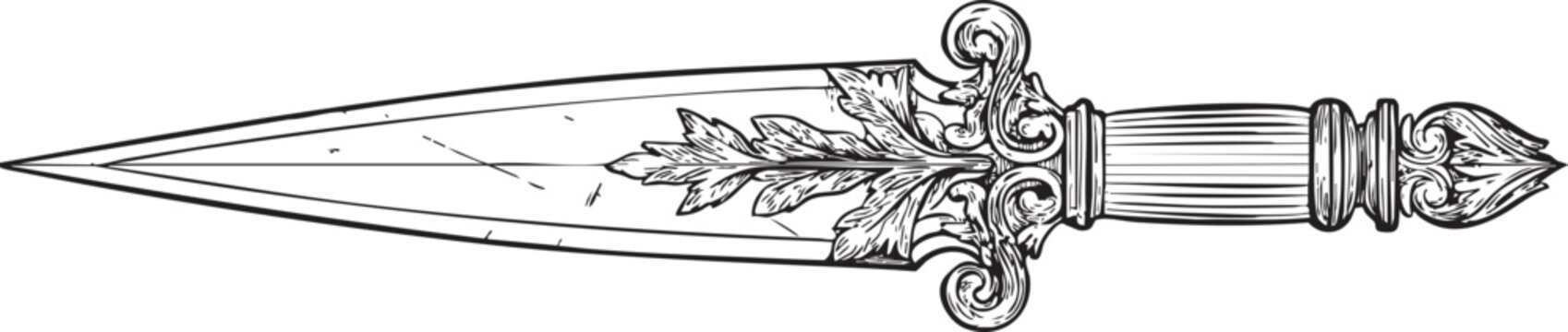 Ancient Roman pugio dagger leaf shaped blade black contour illustration