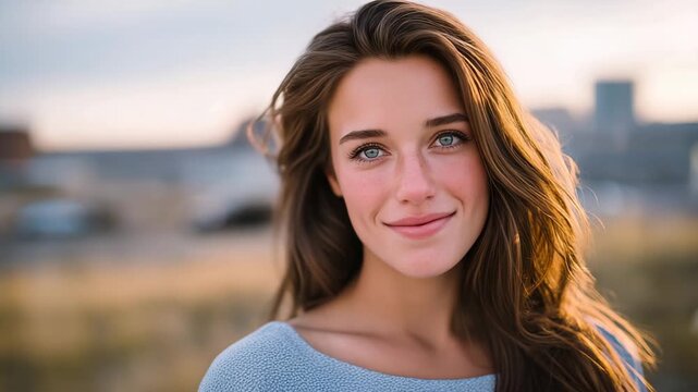 Woman with long brown hair shown with a natural warm smile, soft daylight illuminating her face, shallow depth of field, blurred neutral background, realistic lifestyle portrait ph