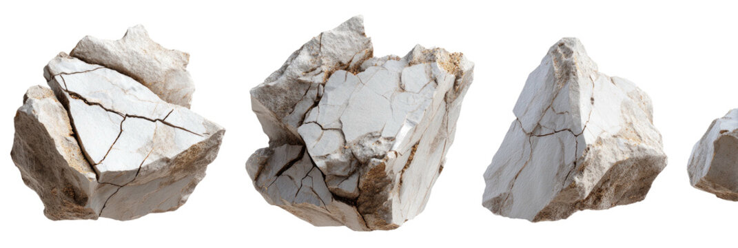Several pieces of jagged, fragmented rock with visible fractures and a light color against a void background