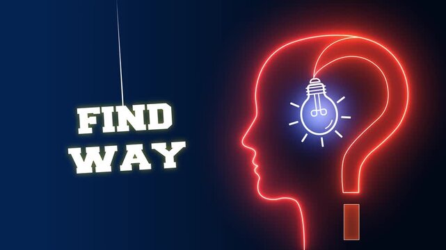 Conceptual motion graphics of a red neon silhouette head featuring a bright bulb and question mark besides a swinging find way sign for innovative pathfinding