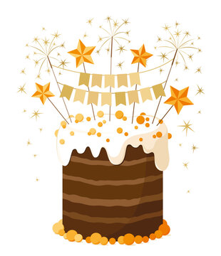 Celebration cake with fireworks, flags and sweet decorations