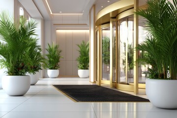 Fototapeta premium Sleek Entrance Design of Modern Venue with Elegant Plant Decor