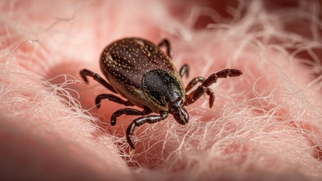 A close-up of a tick on textured pink fabric, showing detail