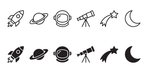 Space and Astronomy Vector Icon Set – Rocket, Saturn, Astronaut Helmet, Telescope, Shooting Star, Moon © Ahmed