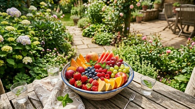 Large bowl of fresh mixed fruit on a wooden garden table. Healthy summer snack and outdoor dining concept. Assorted berries and melon in a lush backyard