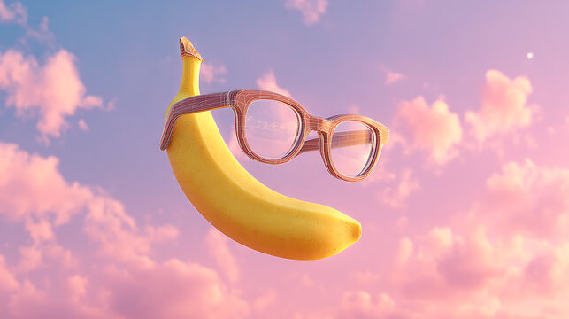 A banana wearing pink glasses floats in the air against a pastel sky with fluffy clouds