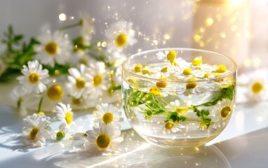 Relaxing Spa Setting with Chamomile Flowers in Transparent Bowl