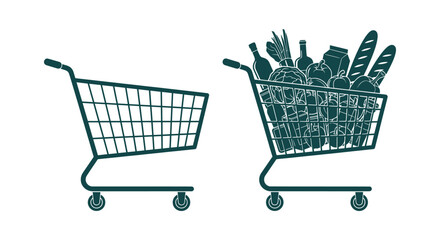 Two Shopping Cart Vector Silhouettes of Empty and Full Trolleys with Groceries Isolated on White © Salma