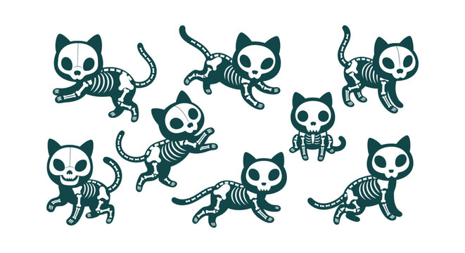 Cute Skeleton Cat Vector Illustration Set for Halloween Poses Spooky Feline Skull Bone Graphics