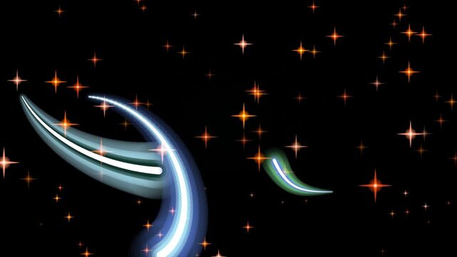 Blue Swirling Light Trail With Orange Star Particles on Black Background