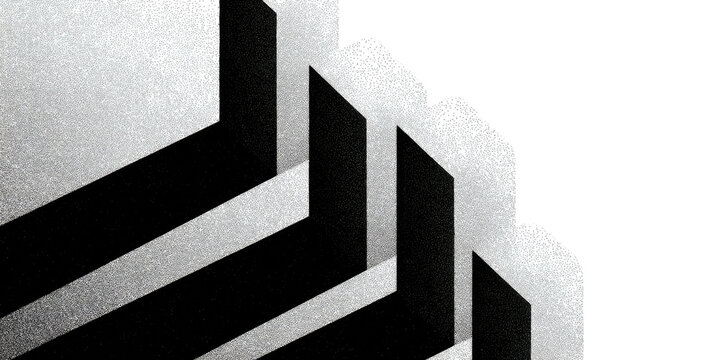 A geometric abstract illustration with intersecting lines, forms, and shadows creating a layered design