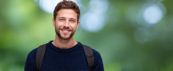 Fototapeta premium Joyful man with a backpack basking in the sunshine like a carefree wanderer