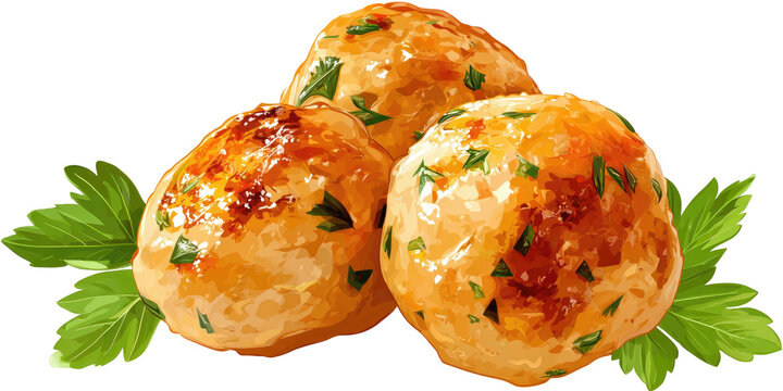 Close-up view of three cooked, round food items, garnished with green herbs, on a transparent background