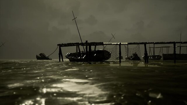 Low light salvage barge beneath bridge at twilight, heavy hull and machinery silhouettes, rusted structure and dock equipment, gritty industrial mood