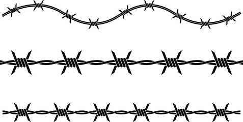 Barbed wire border silhouette set, security fence protection barrier prison military restriction danger warning vector illustration