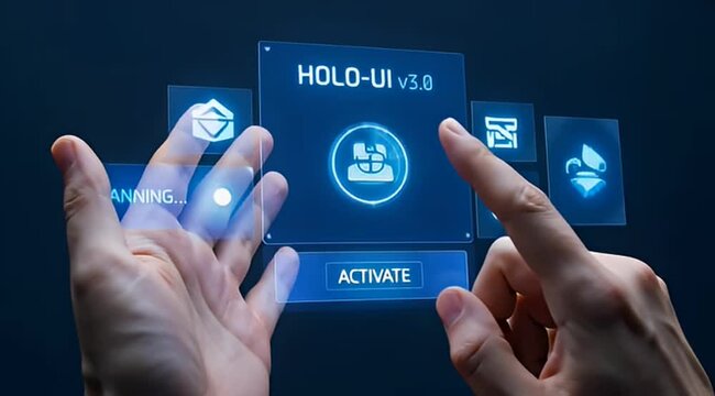 Hands interacting with a holographic user interface featuring futuristic design elements