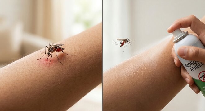 Mosquito biting human skin close up. Summer insect problem and mosquito bite concept