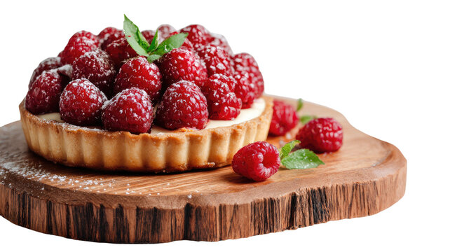 fresh raspberry tart desset on wooden board isolated on white background sweet bakry pastry food photography 