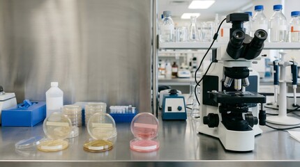 Modern laboratory microscope workstation with petri dishes and scientific research equipment for biotechnology analysis