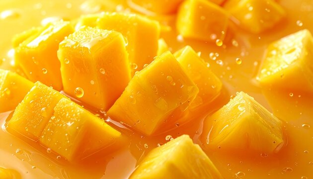 Delicious Cubed Mangoes Swimming in a Sweet, Refreshing Juice, Close-Up Macro Shot