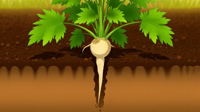 Animated parsnip plant growth cycle underground cross section agriculture animation showing root development and green leaves with soil