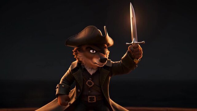 Animated pirate wolf character holds a sword ready for action in dark lighting cinematic scene digital rendering perfect for animation projects