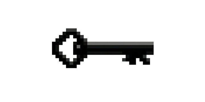 Pixelated key icon on black background, minimalist design, reminiscent of old video games