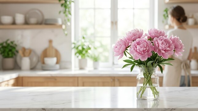 Bouquet of pink peonies in a glass vase on a marble counter. Bright modern kitchen interior with a woman in the blurred background