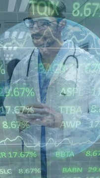 Vertical video: Camera shifting to doctor briefing medical team while globe overlay showing stats