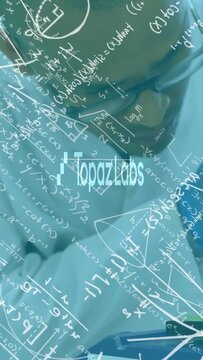 Man sitting camera moving head tilting showing face under math overlay TopazLabs watermark teaching