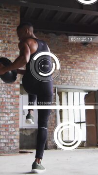 Vertical video: Athlete lifting right knee with ball balancing, midway HUD tracking fitness metrics