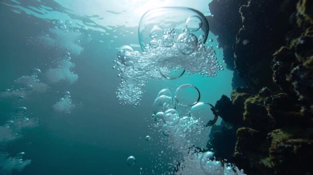 Underwater Scene with Bubbles Rising Near Coral Reef and Sunlit Water Surface aquatic buoyancy