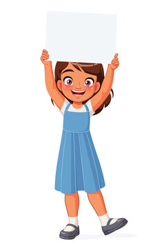 Young Indian school girl holding a blank banner above her head. Cartoon vector illustration.