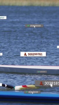 Vertical video: Male rower pulling oar in sports regatta, panning HUD tags tracking boats