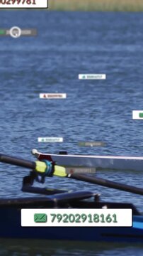 Vertical video: Rower rowing on water, cursor moving, showing numbers near rower for sport data