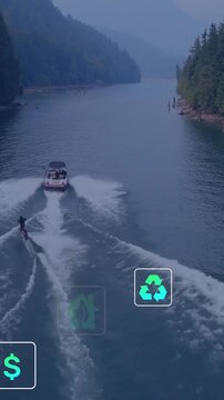 Vertical video: Boat starting forward, rider balancing on wake, icons drifting showing eco impact